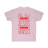This Girl Runs On Jesus And Horses T-Shirt - Concert Tee Shirt - T Shirt- Gift - Birthday - Funny Cowgirl - Mom Gift - Rodeo