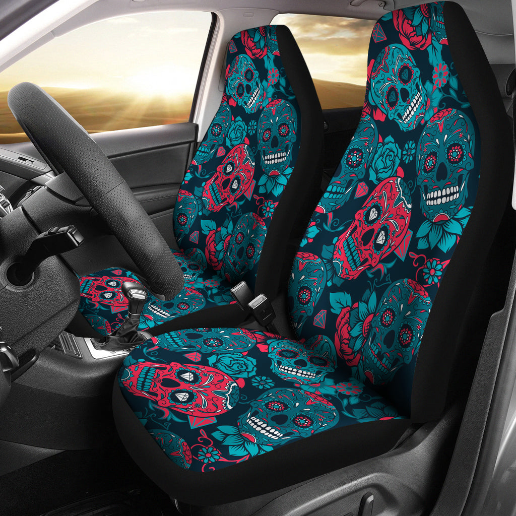 Red & Blue Sugar Skull Car Seat Covers