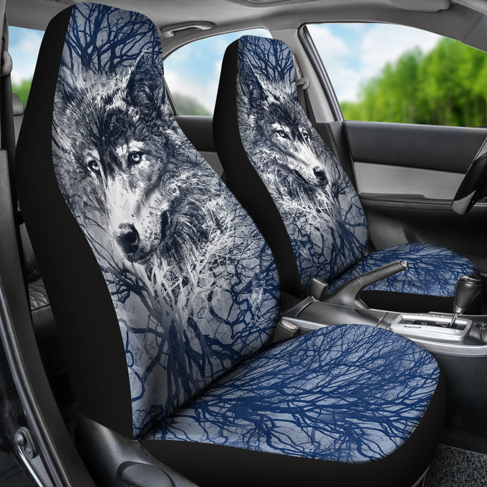 WOLF BEHIND TREE SEAT COVERS WITH BLUE